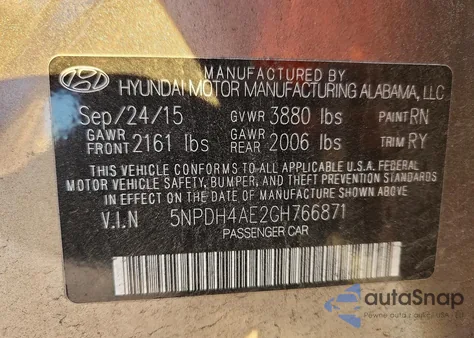 2016 Hyundai Elantra Se from USA, damaged, VIN 5NPDH4AE2GH766871